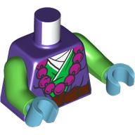 Lego Torso, Green Robe, Magenta Necklace, Dark Brown Belt, White Shirt print, Bright Green Arms, Medium Azure Hands / Dark Purple