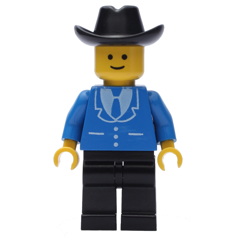 Lego Man, Blue Jacket with Tie and Three Buttons, Black Legs, Black Cowboy Hat