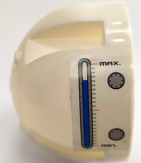 Lego Brick, Round 7 x 7 x 4 Dome Top with Black 'MAX', 'MIN', Filler Caps and Water Level Window Pattern Model Right Side (Sticker) - Set 7649
