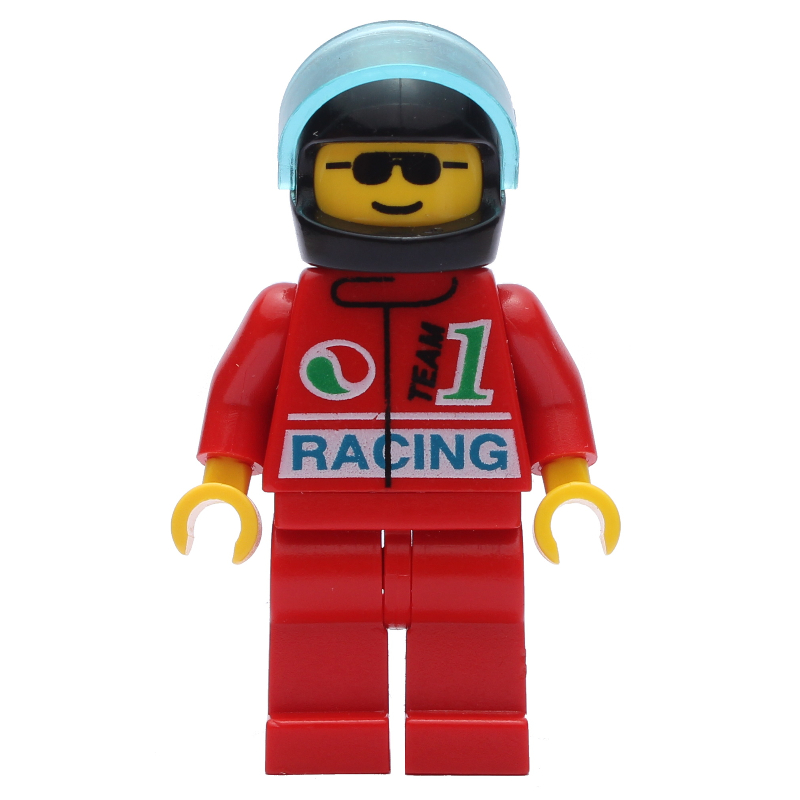 Lego Racer, Red Jacket with Octan Logo and 'RACING', Red Legs, Black Helmet with Visor, Sunglasses