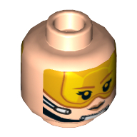 Lego Minifig Head Sandspeeder Pilot, Red Lips, Orange Visor, Brown Eyebrows, Chin Strap, Headset, Smiling / Angry Print / Light Nougat