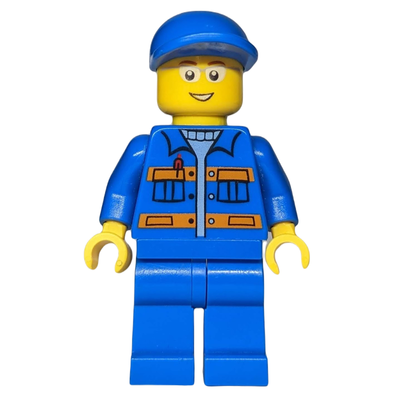 Lego Ground Crew, Blue Jumpsuit with Orange Stripes and Pockets, Blue Cap, Glasses