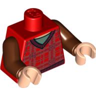 Lego Torso Sweater, Tartan with V-neck Print, Reddish Brown Arms, Light Nougat Hands / Red