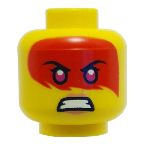 Lego Minifig Head Harumi, Magenta Eyes, Red Paint Across Eyes, Peach Lips, Smile / Angry Print / Yellow