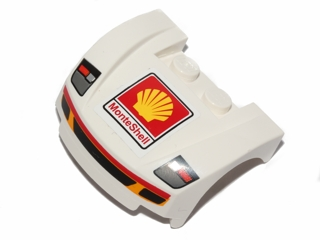 Lego Vehicle, Mudguard 3 x 4 x 1 2/3 Curved Front with Headlights and Grille with Red and Yellow Trim, Shell Logo, 'MonteShell' Pattern (Sticker) - Set 30192