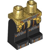 Lego Hips and Black Legs with Gold Pockets, Dark Bluish Gray Knee Pads, Toes, Orange Circuitry print / Pearl Gold