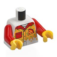 Lego Torso, Pizza Uniform, Red Collar, Pocket, Bright Light Orange Cheese, Lime Stripes print, Red Arms, Yellow Hands / White
