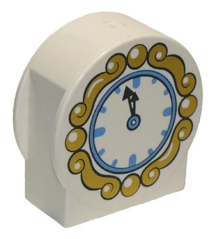Lego Duplo, Brick 1 x 2 x 2 Round Top, Cut Away Sides with Clock Face with Black Hands, Medium Blue Bezel, and Ornate Gold Frame Pattern