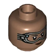 Minifig Head Ironheart, Light Bluish Grey Goggles, Dark Red Lips, Smile / Angry with Clenched Teeth Print / Medium Brown