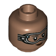 Lego Minifig Head Ironheart, Light Bluish Grey Goggles, Dark Red Lips, Smile / Angry with Clenched Teeth print / Medium Brown