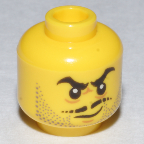 Lego Minifig Head Flintlocke, Gray Stubble, Moustache and Angry Eyebrows, Lines under Eyes, Smirk Print [Hollow Stud] / Yellow