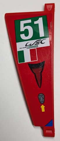 Lego Technic, Panel Curved #50 5 x 13 Tapered Left with Air Intake, Blue Triangle, Yellow Arrow, Silver Latch, Italian Flag, 'WEC FIA WORLD ENDURANCE CHAMPIONSHIP' and White '51' in Green Rectangle Pattern (Sticker) - Set 42125