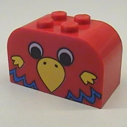Brick Curved 2 x 4 x 2 Double with Parrot Head, Yellow Beak, Blue feathers Print / Red