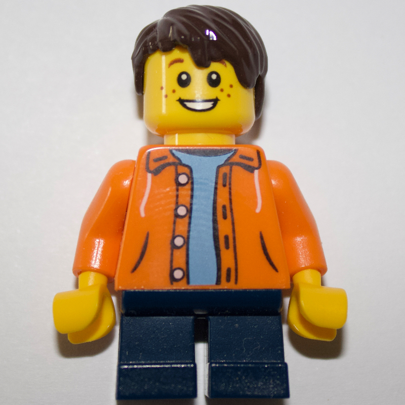 Lego Kid - Orange Torso, Dark Blue Legs, Dark Brown Hair