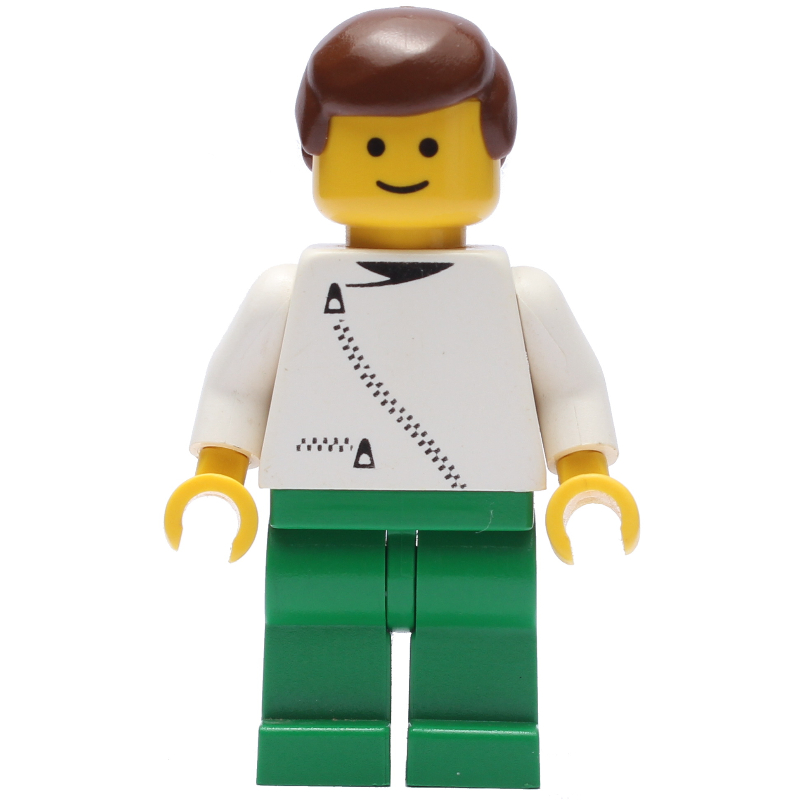 Lego Man, White Jacket with Zipper, Green Legs, Brown Hair