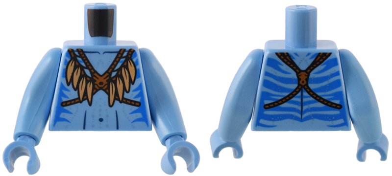 Lego Torso Na'vi with Blue Markings, Dark Orange Strap with Medium Nougat Feathers, and Silver Spots Pattern / Medium Blue Arms Long / Medium Blue Hands