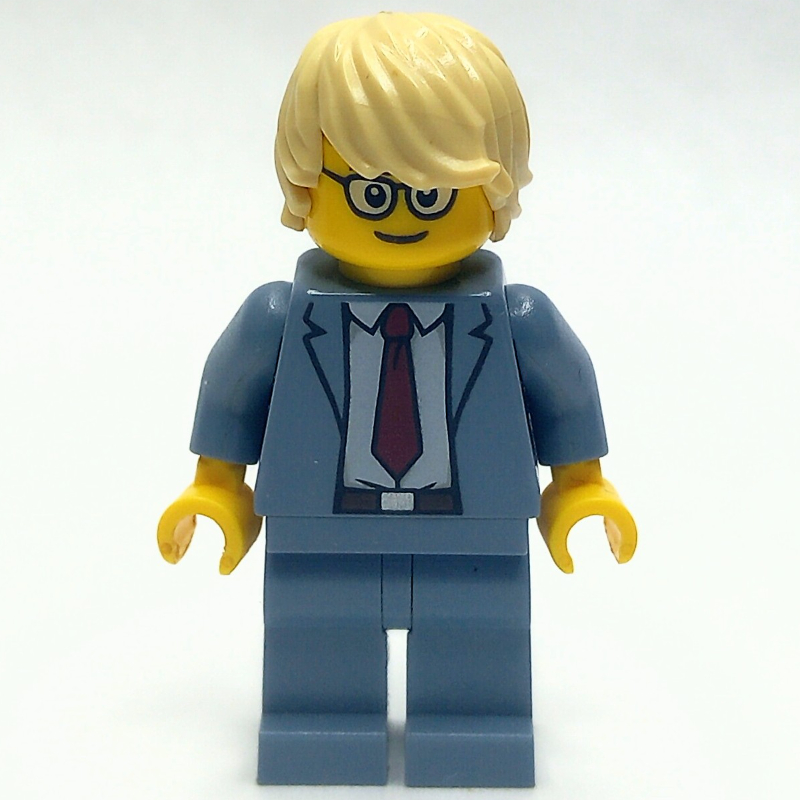 Lego Man, Sand Blue Suit with Red Tie, Tan Hair, Glasses