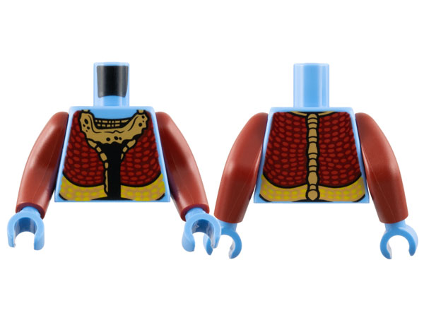 Lego Torso Na'vi with Dark Red Jacket, Red and Yellow Spots, and Medium Nougat Bone Collar Pattern / Dark Red Arms Long / Medium Blue Hands
