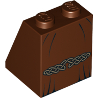 Lego Brick Sloped 65° 2 x 2 x 2 with Bottom Tube and Black Dress Lines and Gold Celtic Knot Print / Reddish Brown