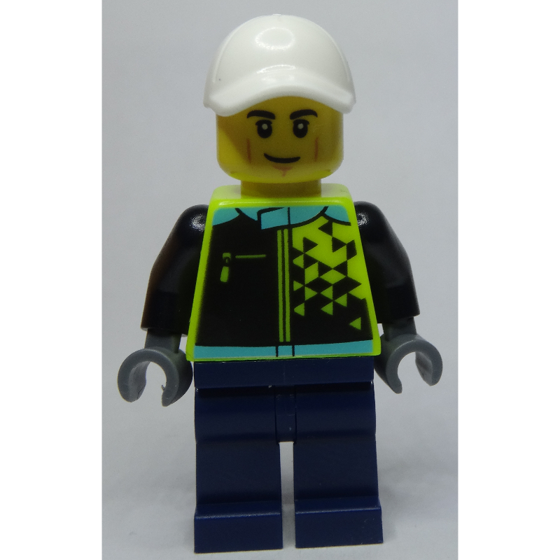 Lego Racer, Vibrant Yellow and Dark Blue Race Suit, White Cap