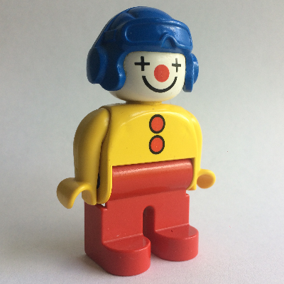Lego Duplo Figure, Early, Aviator Hat Blue, Red Legs, with 2 Buttons, Yellow Arms, Clown Face Paint / Yellow