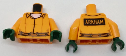 Lego Torso Prisoner Jumpsuit with Dark Orange Belt over White Shirt, 'ARKHAM' on Black Rectangle on Back Pattern / Orange Arms / Dark Green Hands