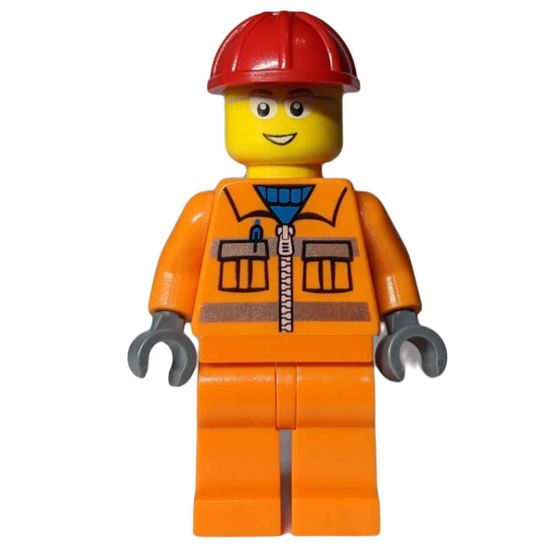 Lego Construction Worker, Orange Jacket with Zipper and Reflective Stripes, Red Hard Hat, Glasses