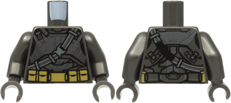 Lego Torso Dark Silver Armor, Diagonal Belt with Dark Bluish Gray Buckle, Dark Tan and Gold Belt with Pouches Pattern / Pearl Dark Gray Arms / Pearl Dark Gray Hands