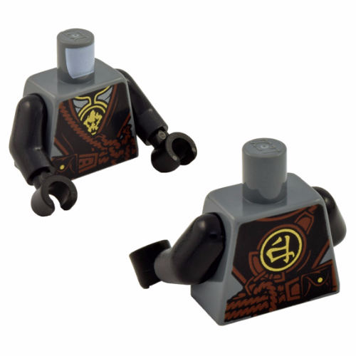 Lego Torso Robe, Black with Reddish Brown Trim over Silver Armor with Gold Earth Emblems Print, Black Arms and Hands / Dark Bluish Gray