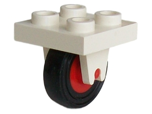 Lego Plate, Modified 2 x 2 with Wheel Holder Bottom with Red Wheel with Black Tire 14mm D. x 4mm Smooth Small Single (8 / 3464c01) / White