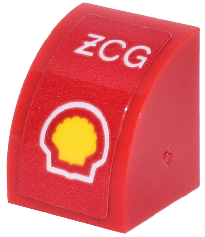 Lego Slope, Curved 1 x 1 with White 'XCG' and Yellow Shell Logo Pattern (Sticker) - Set 77242