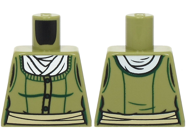 Lego Torso Female Bodice with Dark Green Trim, Buttons and Contours, White Blouse, Tan Sash Pattern
