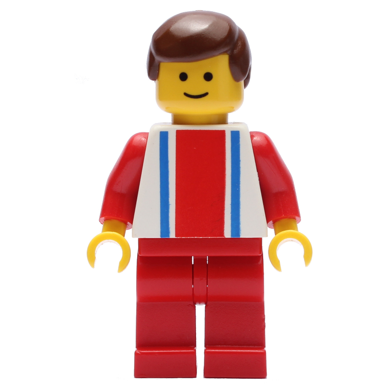 Lego Man, White Top with Large Red Stripe and 2 Blue Stripes, Red Legs, Brown Hair (3626a Head)