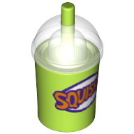 Lego Equipment Cup and Straw with Trans Clear Dome Lid and Dark Purple and Orange 'SQUISHEE' Print