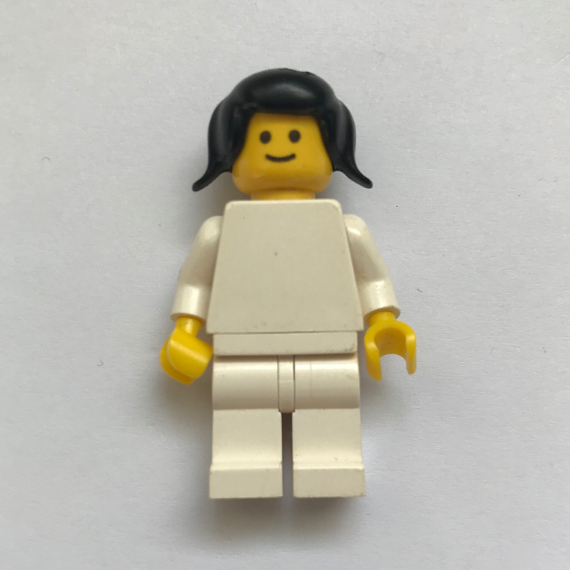 Lego Female, Plain White Torso and Legs, Black Pigtails Hair