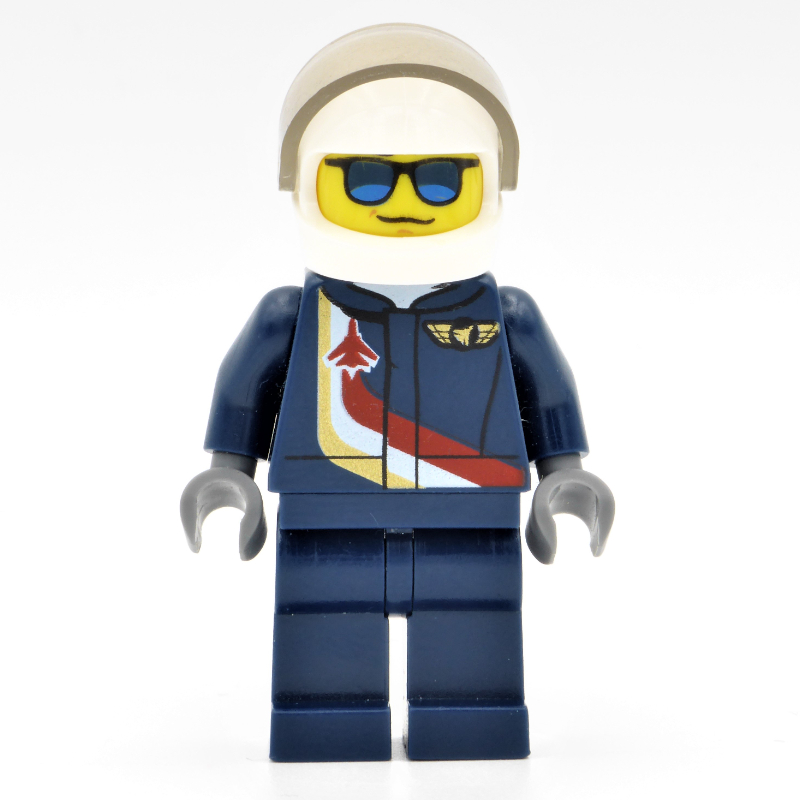 Lego Pilot, Dark Blue Jumpsuit with Plane and Wings Badge, White Helmet with Visor, Blue Sunglasses