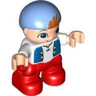 Duplo Figure Child with Bandana Medium Blue, with White Top with Blue Vest Print, Light Nougat Face and Hands, Red Legs (Cubby) / White