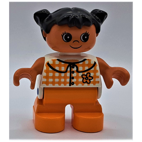 Lego Duplo Figure, Early Child, with Pigtails Black, Orange Legs, Orange Plaid Shirt Print / White