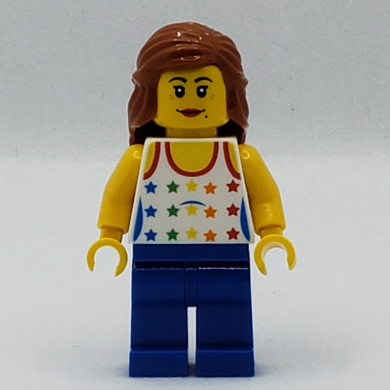 Lego Woman, Tank Top with Rainbow Colored Stars, Blue Legs, Dark Orange Hair