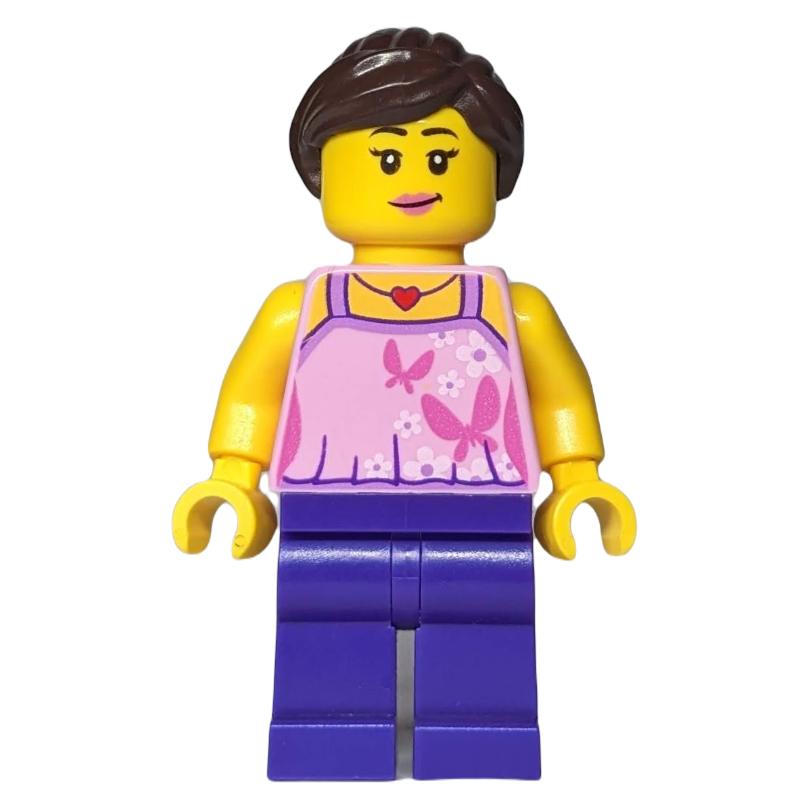 Lego Woman, Bright Pink Halter Top with Butterflies, Dark Purple Legs