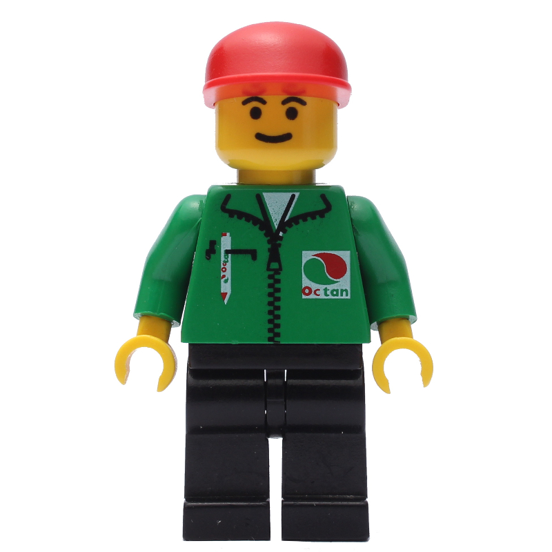 Lego Man, Green Jacket with Zipper and Octan Logo, Red Cap