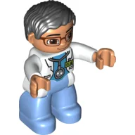 Duplo Figure with Parted Wavy Hair Black, with Glasses, Medic with Medium Blue Legs, Lab Coat and Stethoscope Print / White
