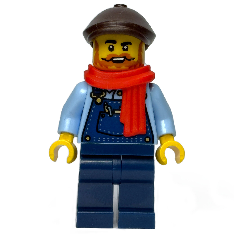 Lego Train Driver, Dark Blue Overall, Reddish Brown Cap, Scarf