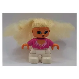 Duplo Figure with Soft Hair White, White Legs, Ornate Bright Pink Collar Print / Dark Pink