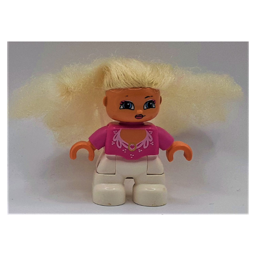 Lego Duplo Figure with Soft Hair White, White Legs, Ornate Bright Pink Collar Print / Dark Pink