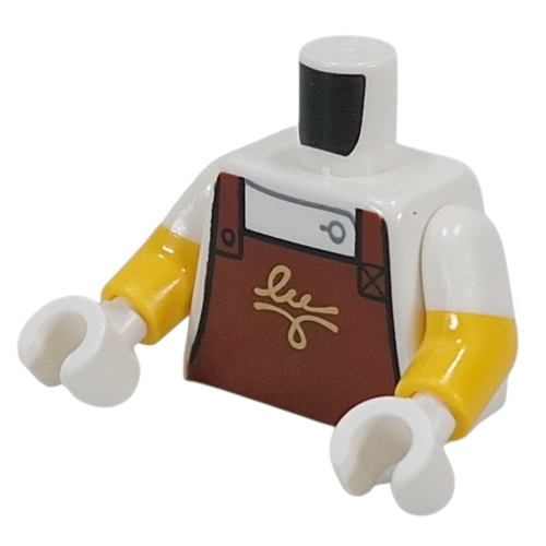 Lego Torso, Dual Molded Arms with Reddish Brown Apron, Gold Scribbling print, White Sleeves Pattern, Yellow Arms, White Hands / White