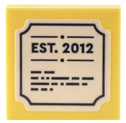 Tile 2 x 2 with White Sign with Cut Corners, Dark Blue 'EST. 2012' and Text Pattern (Sticker) - Set 41732 / Bright Light Yellow