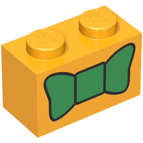 Lego Brick 1 x 2 with Green Bow Tie Print / Bright Light Orange