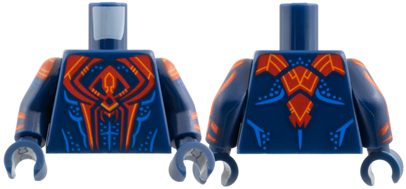 Lego Torso Large Red Spider, Orange Trim, Blue Muscle Contours and Dots Pattern / Dark Blue Arms with Red Pauldron, Cuff, and Stripe, Orange Trim and Blue Dots Pattern / Dark Blue Hands