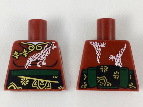 Lego Torso Kimono Robe with White Dragon and Gold Trim, Black and Dark Green Obi Sash Pattern